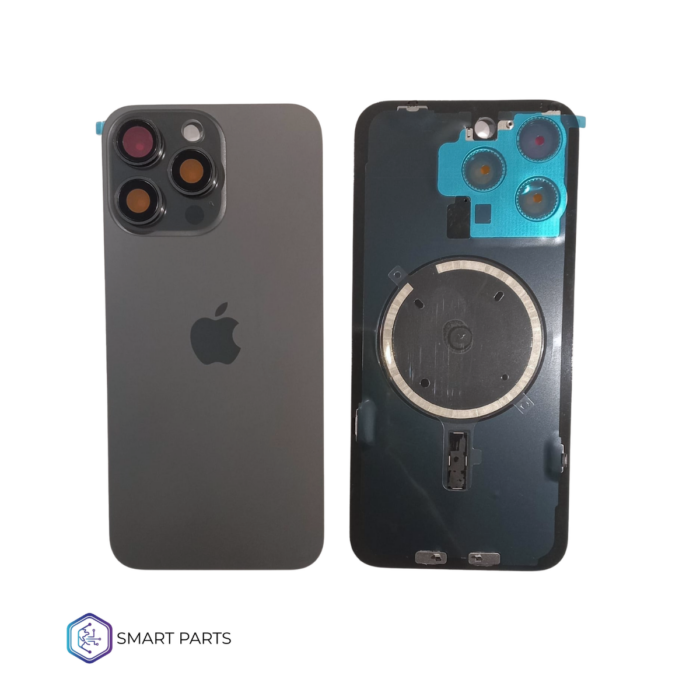 TAPA TRASERA IPHONE 15 PRO MAX NEGRA CON IMAN Y LENTES